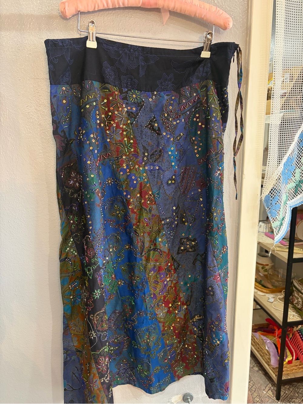 Embellished Blue Multi-Print Maxi Skirt